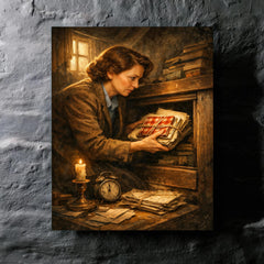 Miep Gies hiding Anne Frank's papers metal print mockup