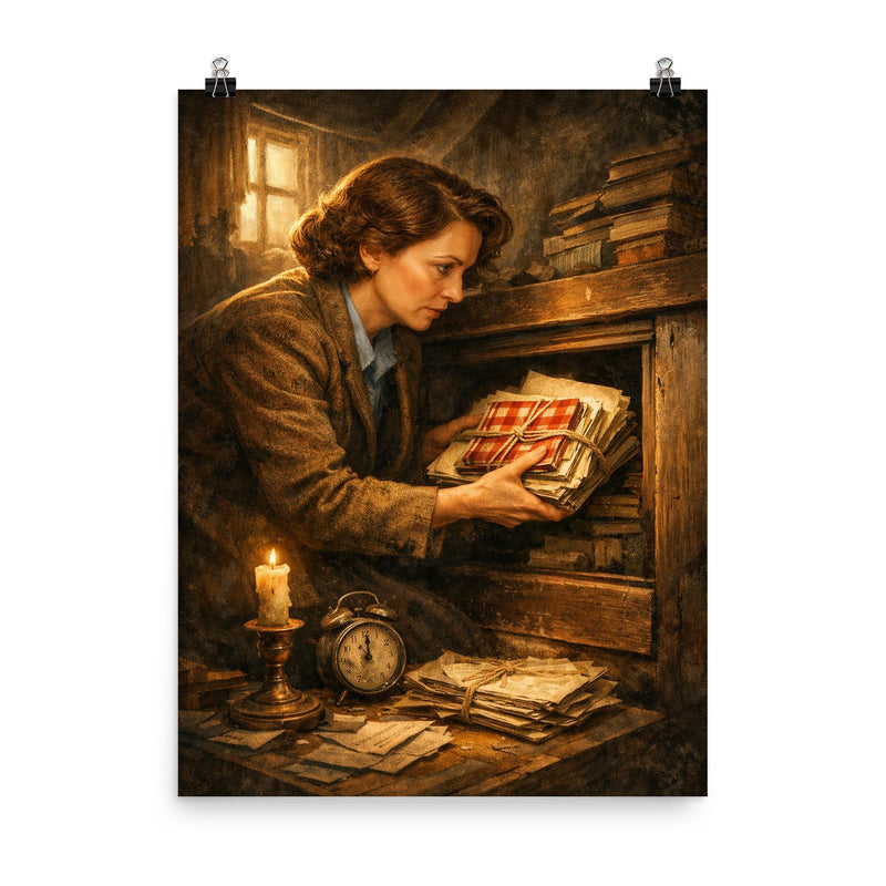 Miep Gies hiding Anne Frank's papers poster on a plain backdrop in size 8