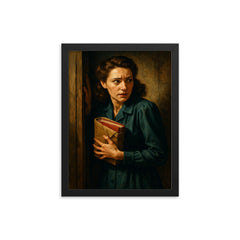 Miep Gies hiding the diary bundle framed print on a plain backdrop in size 12"x16".