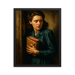 Miep Gies hiding the diary bundle framed print on a plain backdrop in size 16"x20".