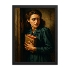 Miep Gies hiding the diary bundle framed print on a plain backdrop in size 18"x24".