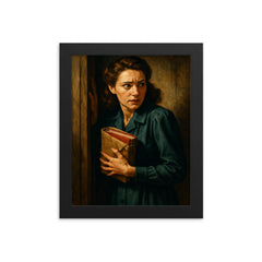 Miep Gies hiding the diary bundle framed print on a plain backdrop in size 8"x10".