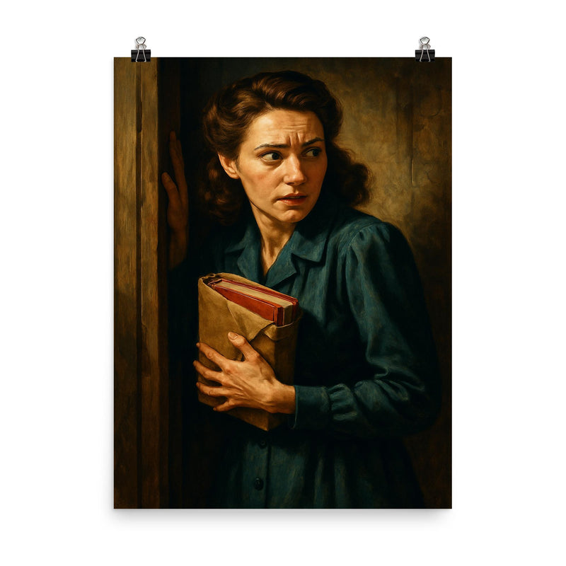Miep Gies hiding the diary bundle poster on a plain backdrop in size 8