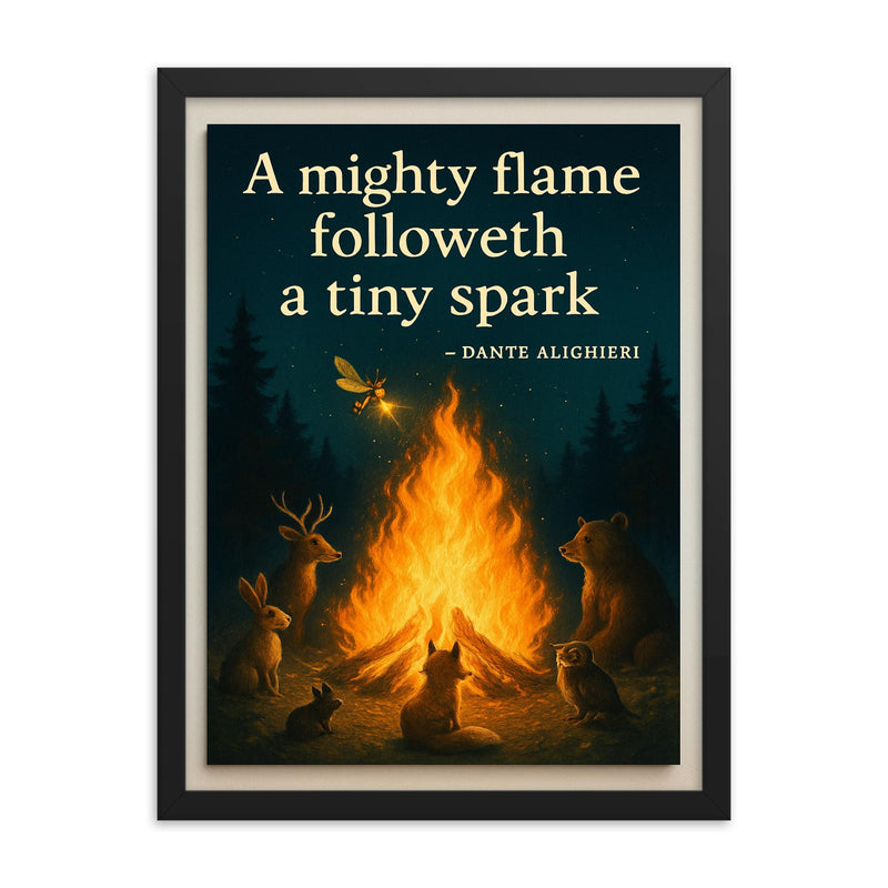mighty flame tiny spark firefly ignites bonfire warmth framed print on a plain backdrop in size 18