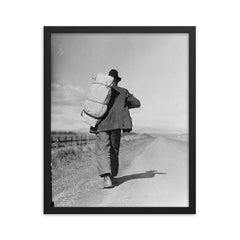 Migrant workers on the California road by Dorothea Lange framed print on a plain backdrop in size 16"x20".