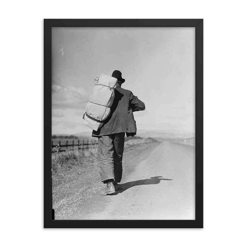 Migrant workers on the California road by Dorothea Lange framed print on a plain backdrop in size 18