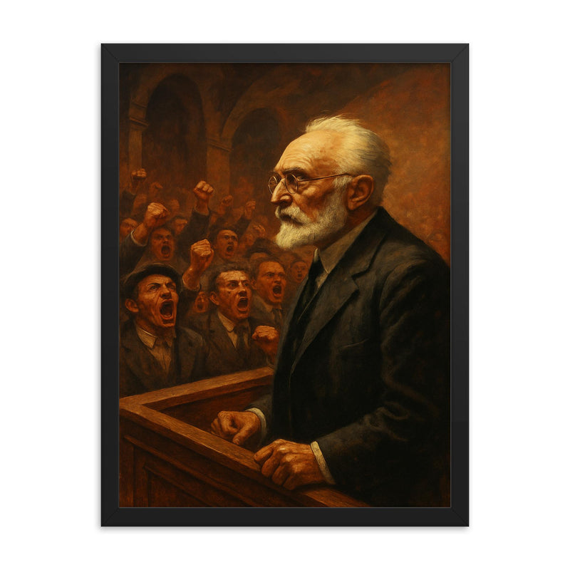 Miguel de Unamuno confronting the shouting hall framed print on a plain backdrop in size 18