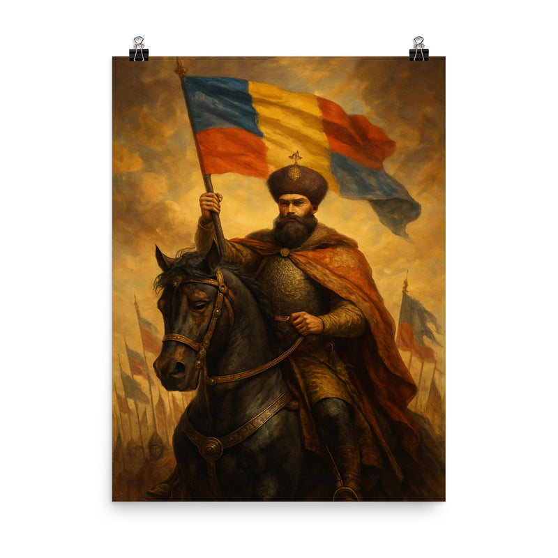 Mihai Viteazul uniting the principalities poster on a plain backdrop in size 8
