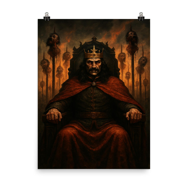 Mihnea the Bad enthroned amid impaled warnings poster on a plain backdrop in size 8