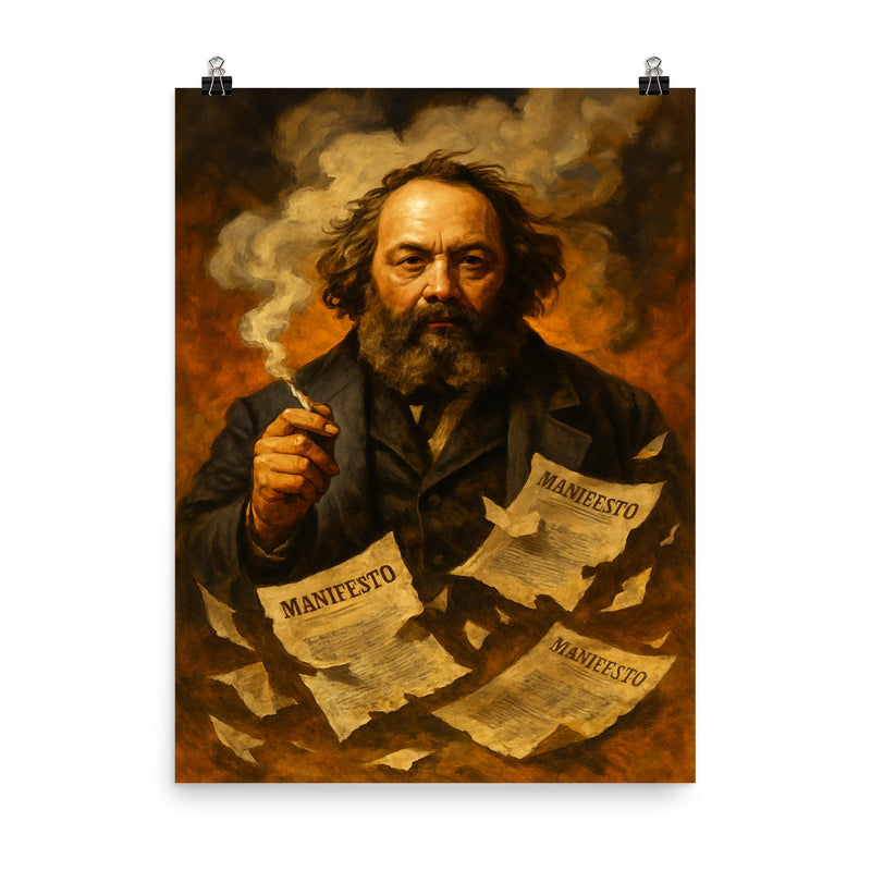 Mikhail Bakunin amid torn manifestos and smoke poster on a plain backdrop in size 8