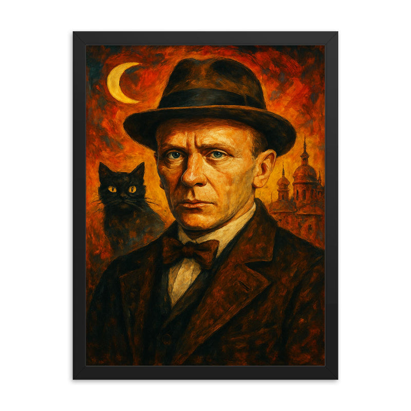 Mikhail Bulgakov framed print on a plain backdrop in size 18