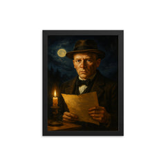Mikhail Bulgakov midnight manuscript portrait framed print on a plain backdrop in size 12"x16".