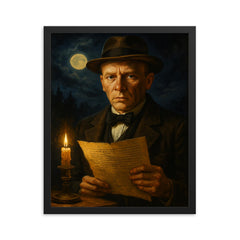 Mikhail Bulgakov midnight manuscript portrait framed print on a plain backdrop in size 16"x20".