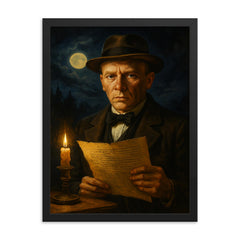 Mikhail Bulgakov midnight manuscript portrait framed print on a plain backdrop in size 18"x24".