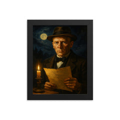 Mikhail Bulgakov midnight manuscript portrait framed print on a plain backdrop in size 8"x10".