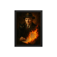Mikhail Bulgakov with black cat and burning manuscript framed print on a plain backdrop in size 12"x16".