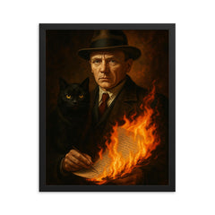 Mikhail Bulgakov with black cat and burning manuscript framed print on a plain backdrop in size 16"x20".