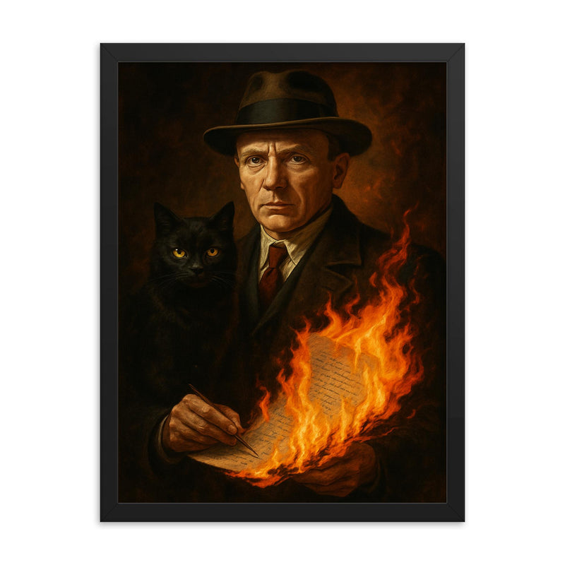 Mikhail Bulgakov with black cat and burning manuscript framed print on a plain backdrop in size 18