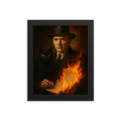 Mikhail Bulgakov with black cat and burning manuscript framed print on a plain backdrop in size 8"x10".