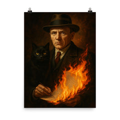 Mikhail Bulgakov with black cat and burning manuscript poster on a plain backdrop in size 8"x10".