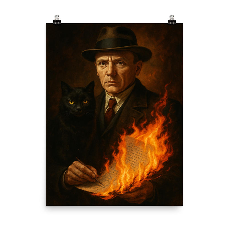 Mikhail Bulgakov with black cat and burning manuscript poster on a plain backdrop in size 8