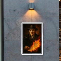 Mikhail Bulgakov with black cat and burning manuscript poster 2