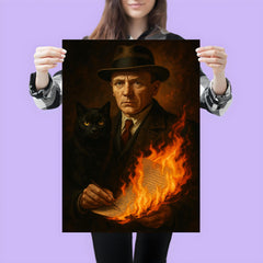 Mikhail Bulgakov with black cat and burning manuscript poster 3