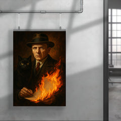Mikhail Bulgakov with black cat and burning manuscript poster 4