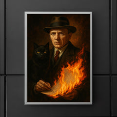 Mikhail Bulgakov with black cat and burning manuscript poster 5