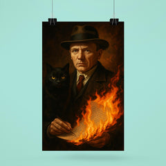 Mikhail Bulgakov with black cat and burning manuscript poster 6