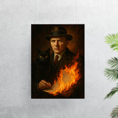 Mikhail Bulgakov with black cat and burning manuscript poster 7