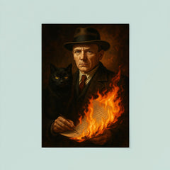 Mikhail Bulgakov with black cat and burning manuscript poster 8