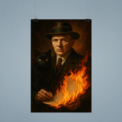Mikhail Bulgakov with black cat and burning manuscript poster 9