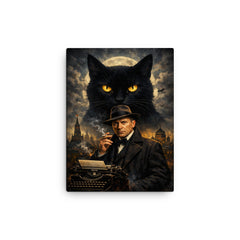 Mikhail Bulgakov with giant black cat silhouette canvas print on a plain backdrop in size 12"x16".