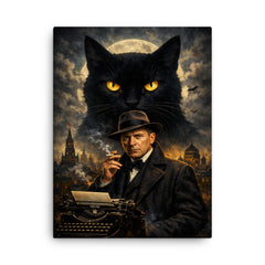 Mikhail Bulgakov with giant black cat silhouette canvas print on a plain backdrop in size 18"x24".