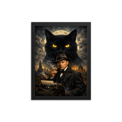 Mikhail Bulgakov with giant black cat silhouette framed print on a plain backdrop in size 12"x16".