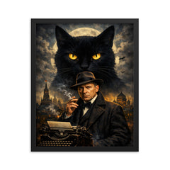Mikhail Bulgakov with giant black cat silhouette framed print on a plain backdrop in size 16"x20".