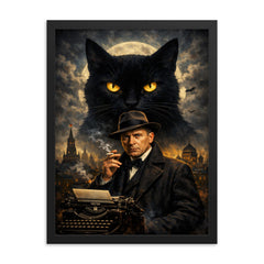 Mikhail Bulgakov with giant black cat silhouette framed print on a plain backdrop in size 18"x24".