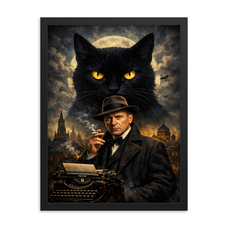 Mikhail Bulgakov with giant black cat silhouette framed print on a plain backdrop in size 18