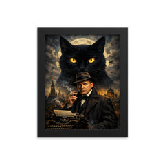 Mikhail Bulgakov with giant black cat silhouette framed print on a plain backdrop in size 8"x10".