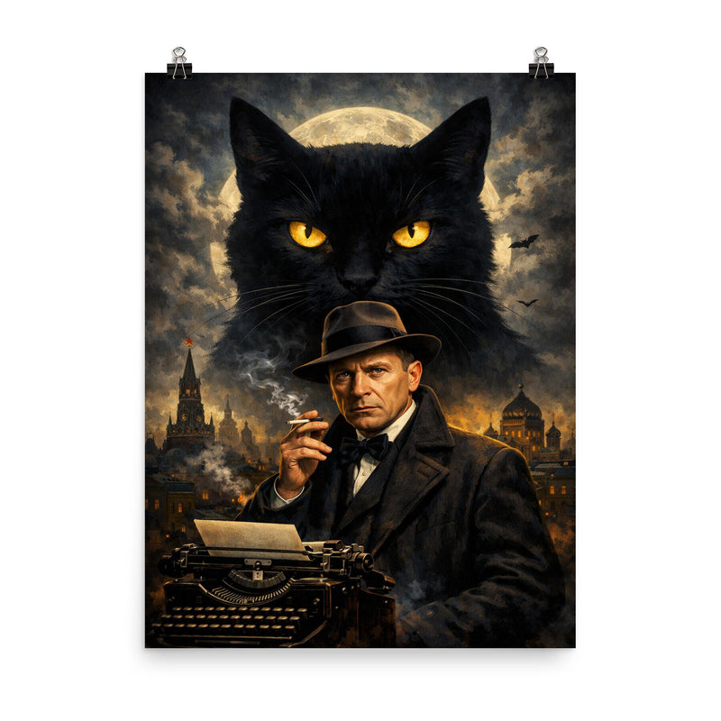 Mikhail Bulgakov with giant black cat silhouette poster on a plain backdrop in size 8