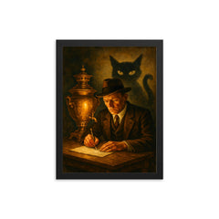 Mikhail Bulgakov writing by samovar and shadow cat framed print on a plain backdrop in size 12"x16".