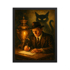 Mikhail Bulgakov writing by samovar and shadow cat framed print on a plain backdrop in size 16"x20".