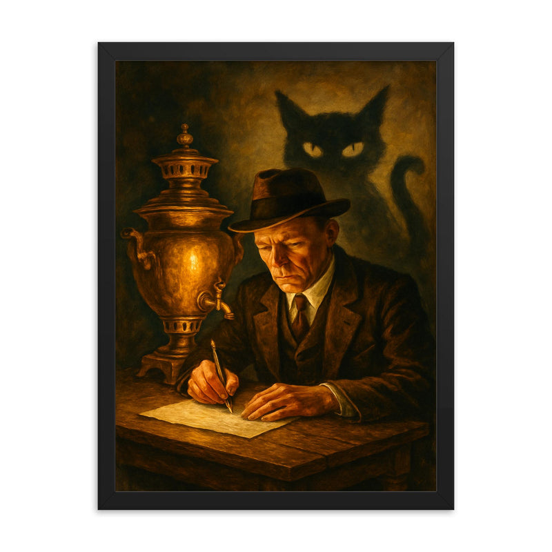 Mikhail Bulgakov writing by samovar and shadow cat framed print on a plain backdrop in size 18