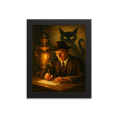 Mikhail Bulgakov writing by samovar and shadow cat framed print on a plain backdrop in size 8"x10".