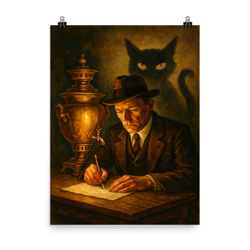 Mikhail Bulgakov writing by samovar and shadow cat poster on a plain backdrop in size 8