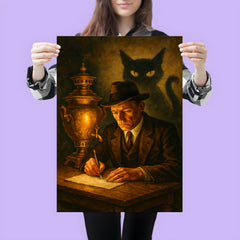 Mikhail Bulgakov writing by samovar and shadow cat poster 3
