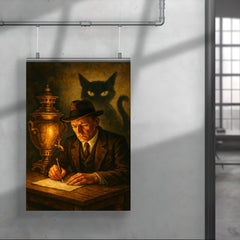 Mikhail Bulgakov writing by samovar and shadow cat poster 4