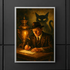 Mikhail Bulgakov writing by samovar and shadow cat poster 5