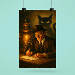 Mikhail Bulgakov writing by samovar and shadow cat poster 6